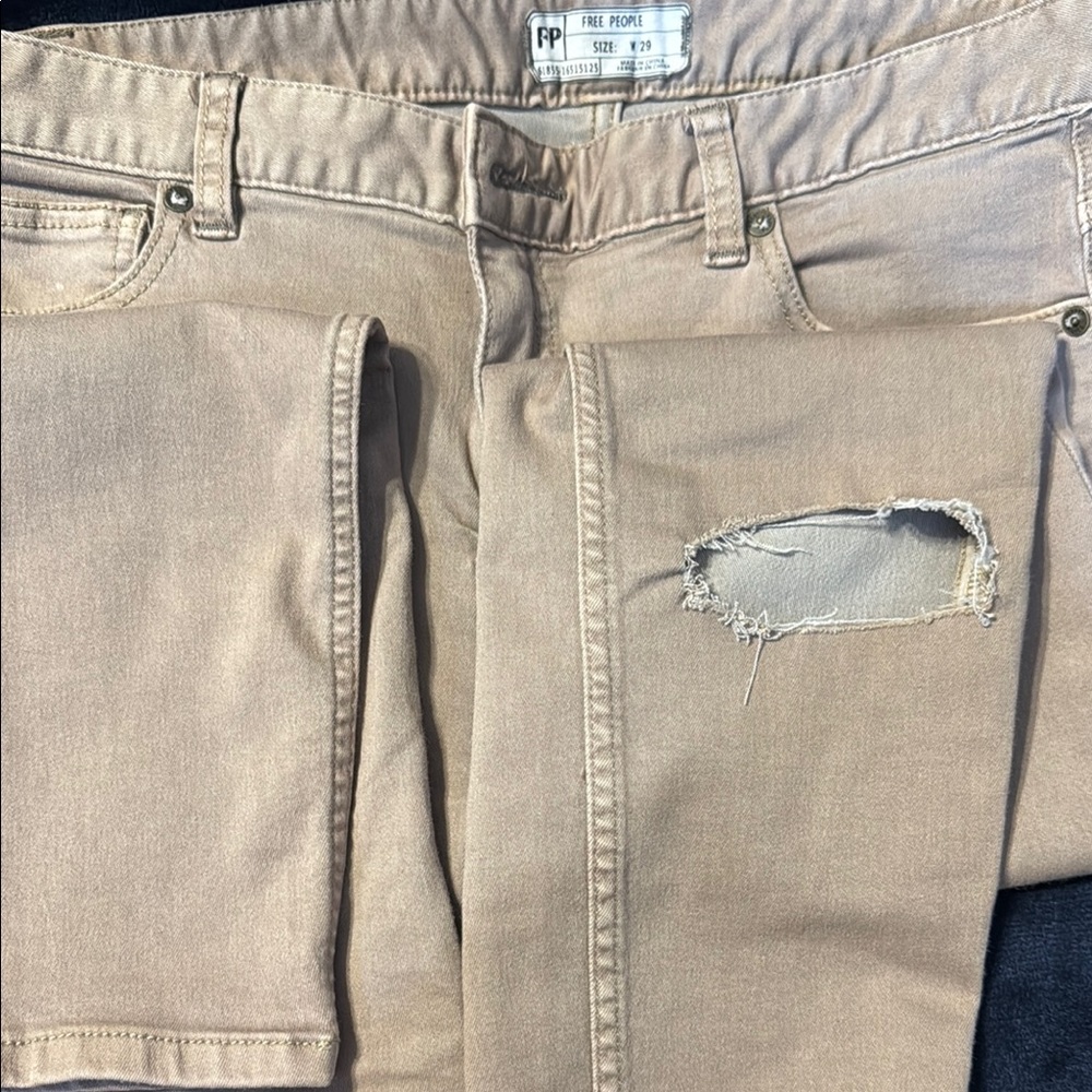 Free People Beige Ripped Jeans